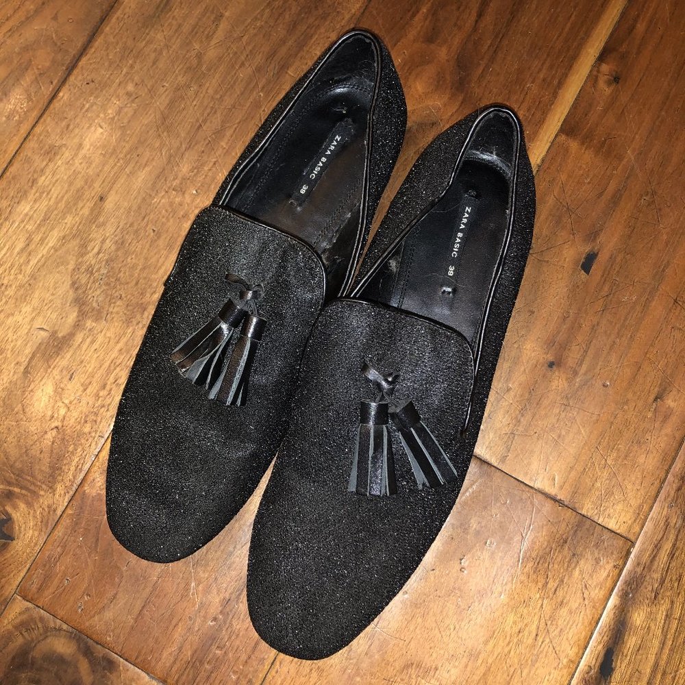 Zara Loafers Glitter with Tassels, Size 39